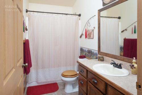 a bathroom with a toilet and a sink and a shower at Alaska's Harvest Bed and Breakfast and Luxury Log Cabin in Palmer