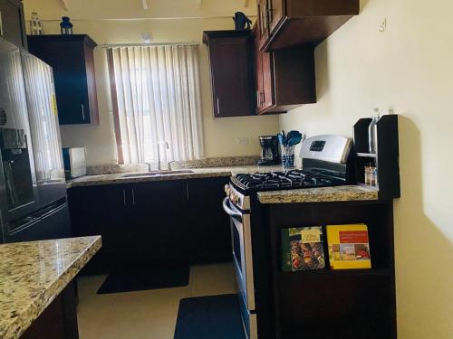 a kitchen with a stove top oven next to a counter at 3Little Birds Retreat in Old Harbour