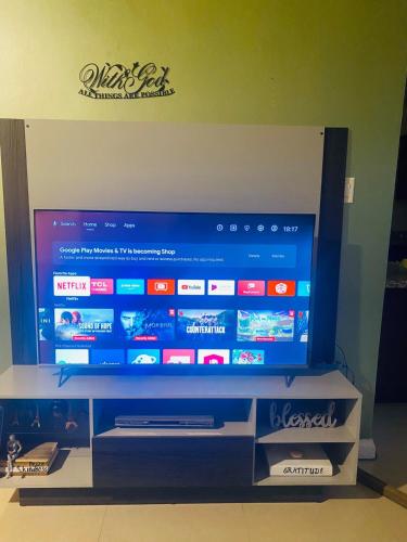 a flat screen tv sitting on top of a stand at 3Little Birds Retreat in Old Harbour