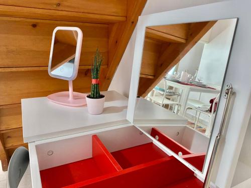 a small dressing table with a mirror and a cactus at Chora Suite in Mikonos