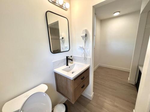 a bathroom with a sink and a toilet and a mirror at remodeled 2b 1b house Rosemead c in Rosemead
