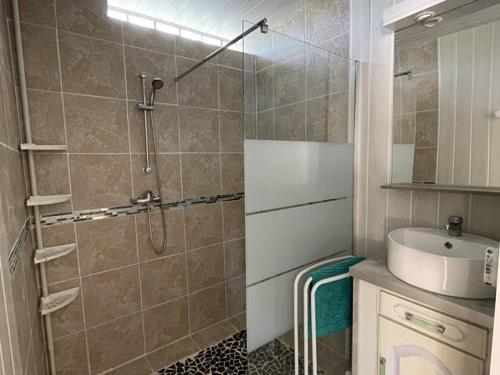 une salle de bain avec douche et lavabo dans l'établissement Appartement spacieux à Esparron pour 10 avec piscine - FR-1-822-20, à Esparron-de-Verdon