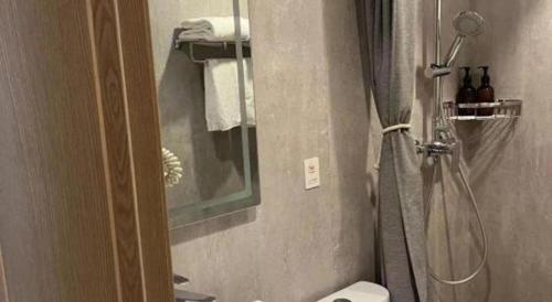 a bathroom with a shower and a toilet at Shell Hotel Beijing Shunyi District Shunyi Metro Station in Beijing