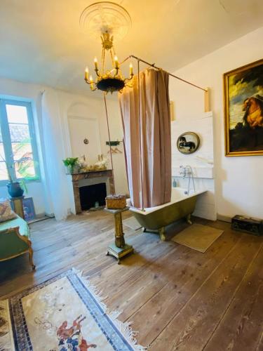 La salle de bains est pourvue d'une baignoire et d'un lustre. dans l'établissement Chateau Ciers, à Saint-Ciers-sur-Gironde