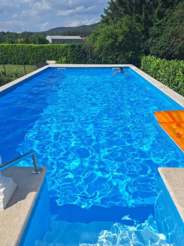 a blue swimming pool with a person in the water at Guest House Surina in Rupa