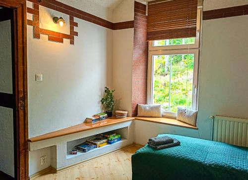 a bedroom with a bed and a window and a desk at Apartament przy Starej Hucie in Szklarska Poręba