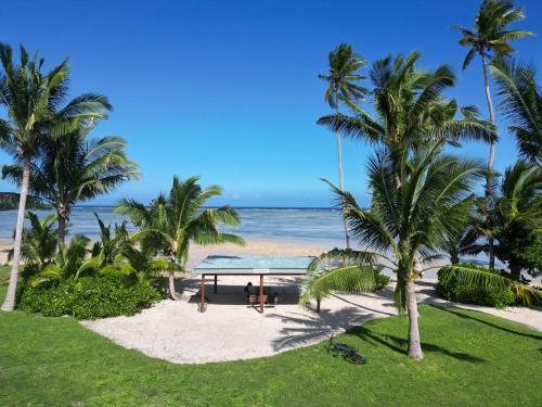 - une table de pique-nique sur une plage bordée de palmiers dans l'établissement Sigasiga Sands Boutique Bungalows, à Savusavu