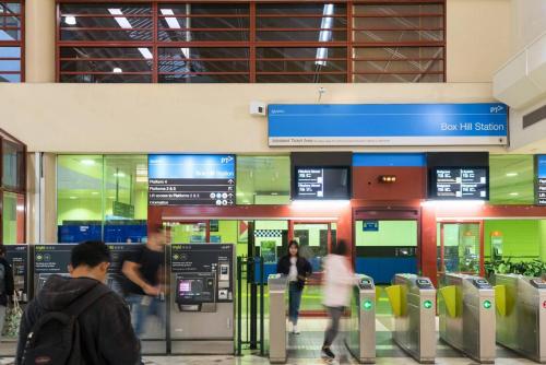a group of people walking in front of parking meters at Highrise Skyline Spectacular View Luxury 2B2B1C in Box Hill