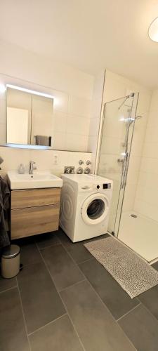 a bathroom with a washing machine and a sink at Ferienwohnung Seemöwe in Salem