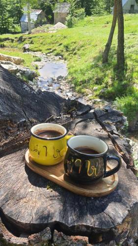 two cups of coffee sitting on a wooden tray at Cottage by the brook in Pluzine