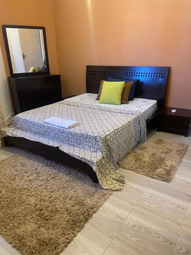 a bedroom with a bed with a mirror and a rug at cosy Furnished appartment in Ez Zahra