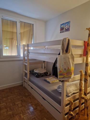 une chambre avec deux lits superposés dans une pièce dans l'établissement T4/5 avec vue sur les Alpes à 5 minutes de Lyon, à La Mulatière