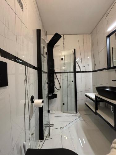 a bathroom with a glass shower and a sink at Apartments Lollipop in Novi Vinodolski