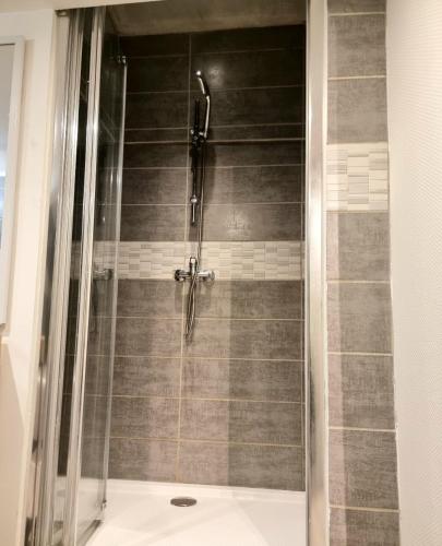 une douche avec une porte vitrée dans une salle de bain dans l'établissement New Triplex Casanna Vieille Ville, à Pont-à-Mousson