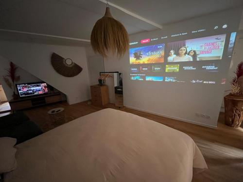 a living room with a large screen in the wall at Cocon Jungle Hyper Centre in La Côte-Saint-André