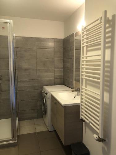 une salle de bain avec un lavabo et une machine à laver dans l'établissement Appartement T2 45m2 Residence Le 29 1 chambre parking terrasse, Centre-ville, à Aix-les-Bains