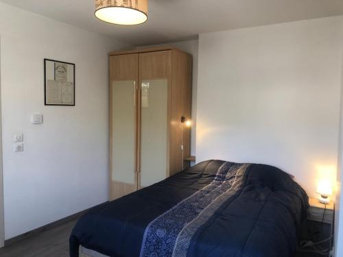 une chambre avec un lit et une armoire en bois dans l'établissement Appartement T2 45m2 Residence Le 29 1 chambre parking terrasse, Centre-ville, à Aix-les-Bains