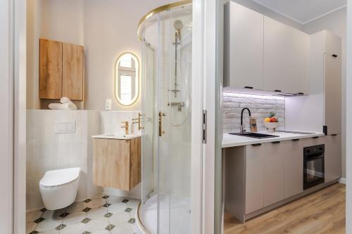 un bagno con doccia, WC e lavandino di GREY Apartment 1 a Poznań