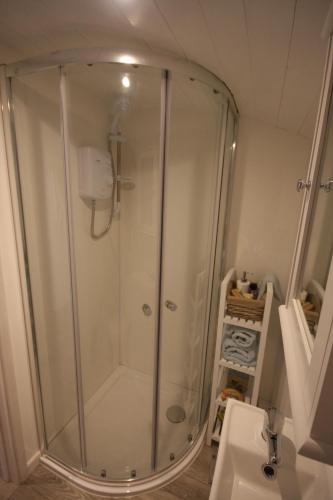 a shower stall in a bathroom with a sink at Shepherds Hut 6 in Bedfield