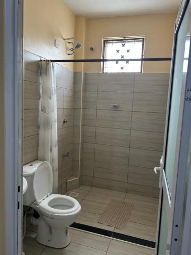 a bathroom with a toilet and a shower at Comfy Stays in Mombasa