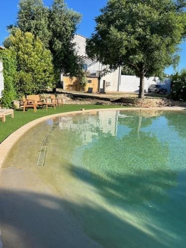 une grande piscine dans une cour avec un arbre dans l'établissement Villa LAGON et GARRIGUE, à Saint-Maximin