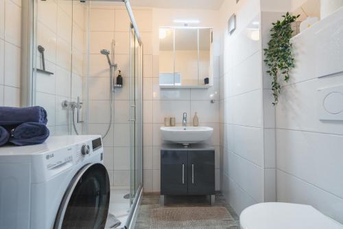 ein Badezimmer mit Waschmaschine und Waschbecken in der Unterkunft Gemütliche Ferienwohnung mit Berg und Alpsee Panorama im Allgäu in Immenstadt im Allgäu