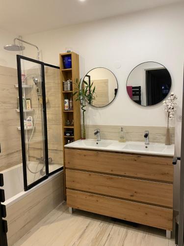 une salle de bain avec un lavabo et deux miroirs dans l'établissement Les Jades, au Cannet