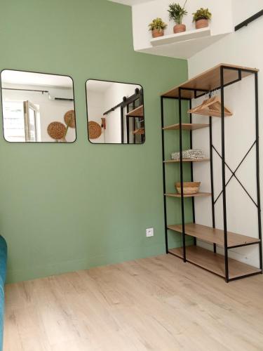 Cette chambre comprend 2 miroirs sur un mur vert. dans l'établissement A secret garden in Montmartre, à Paris