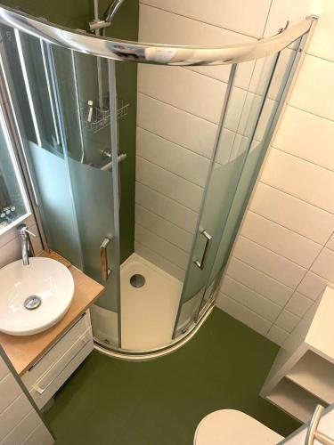 une salle de bain avec douche et lavabo dans l'établissement Studio chic, Cannes Croisette 10 min, au Cannet