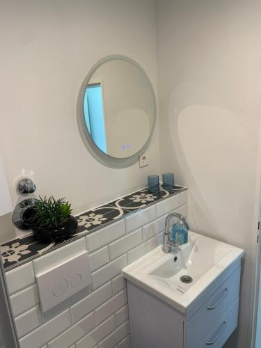 a bathroom with a sink and a mirror at Apartment Nr 15 in Bremerhaven
