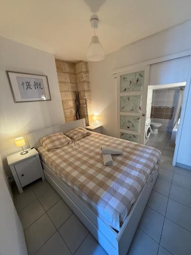 - une chambre avec un grand lit et une couverture tressée dans l'établissement Au Carmes 1D joli T2 meublé et wifi, à Avignon