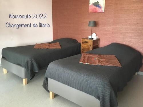 - 2 lits dans une chambre avec un panneau mural dans l'établissement Gite de la combe, à Désandans