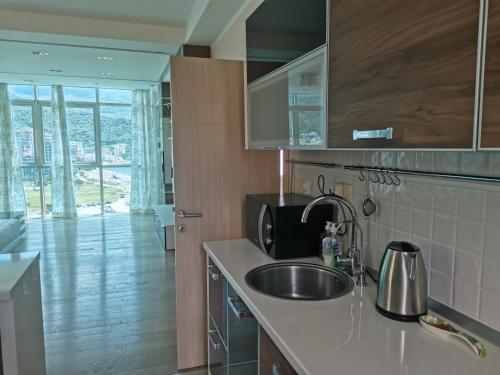 a kitchen with a sink and a microwave at Apartment Arkadia in Budva