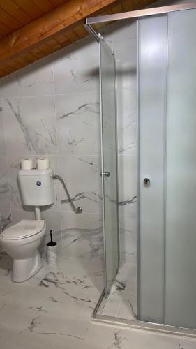 a bathroom with a toilet and a glass shower stall at Bellway Hotel in Shkodër