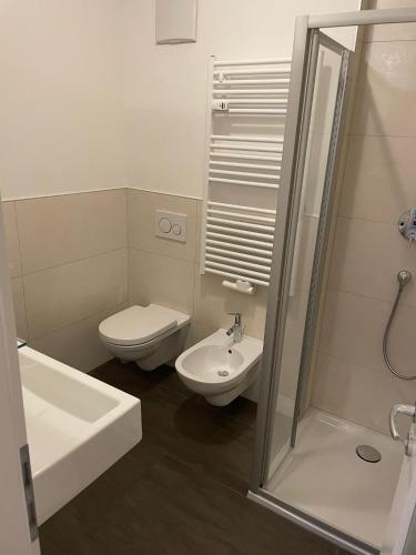 a bathroom with a toilet and a sink and a shower at Apartment Torggl Alpenblick in Coldrano