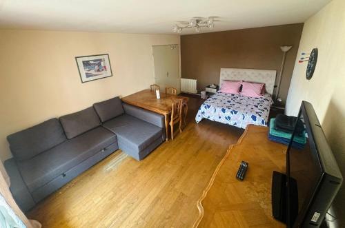 a living room with a couch and a bed at Chambre spacieuse in Montmagny