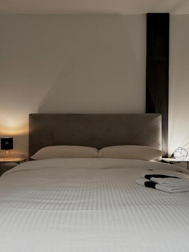 a bedroom with a large bed with a white bedspread at Business Apartment Baden Central Station in Baden