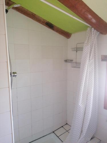 a bathroom with a shower with white tiles at Casa Gil in Loporzano