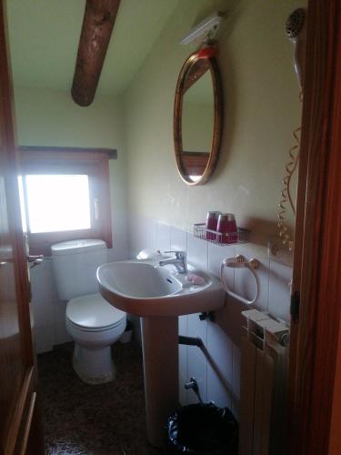 a bathroom with a toilet and a sink and a mirror at Casa Gil in Loporzano