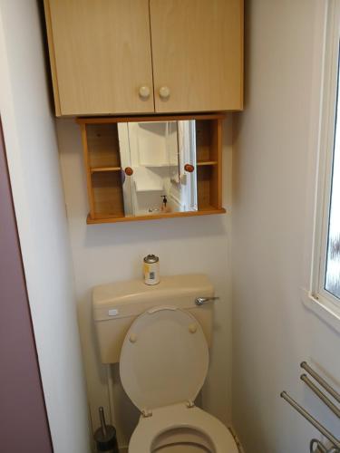 La salle de bains est pourvue de toilettes et d'une armoire. dans l'établissement Mobil-home 415 camping la lande, à Mimizan