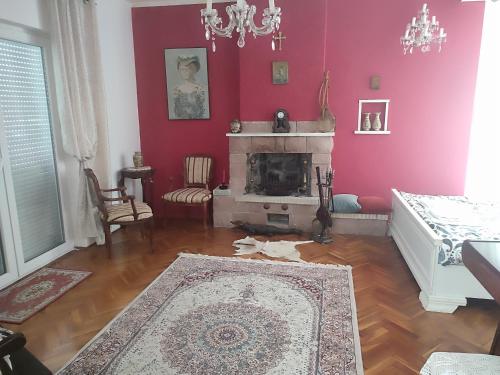 a living room with a fireplace and red walls at Villa Terrazza in Donji Morinj