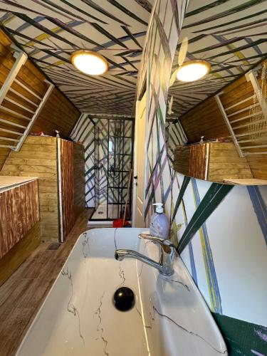 a bathroom with a bath tub in a room at Cabana Refugio in Bălceşti