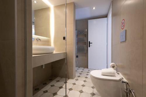 a bathroom with a toilet and a sink and a mirror at Sophia Areopoli Town Square in Areopolis