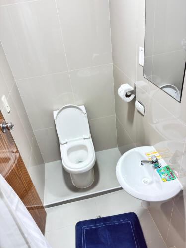 a small bathroom with a toilet and a sink at Hotel Litan Machu Picchu in Machu Picchu