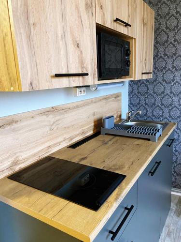 a kitchen counter with a sink and a microwave at Pension Am Pollingpark in Dessau