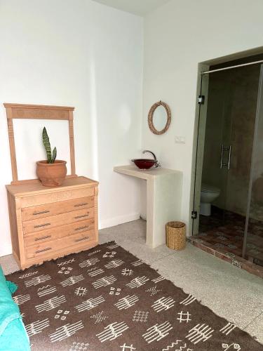 a room with a dresser and a potted plant on top of a rug at Dar Al-Andalus in Tamraght Ouzdar