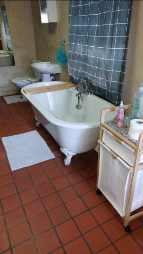 a bathroom with a tub and a toilet and a sink at Gallery Guesthouse (La Sky Villa) in Gqeberha
