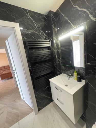 une salle de bain avec un lavabo blanc et un miroir dans l'établissement Moderne Appartement Strasbourg, à Strasbourg