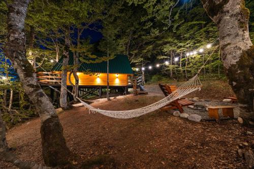 a hammock and a cabin in the woods at night at Mountain Tree House Komovi-Radunovic 