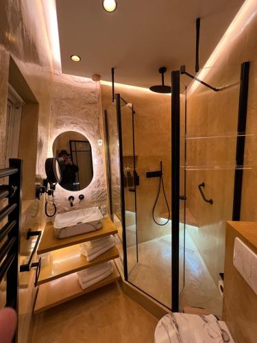 une salle de bain avec une douche, un lavabo et un miroir dans l'établissement Appartement haut standing 3 pieces, à Paris